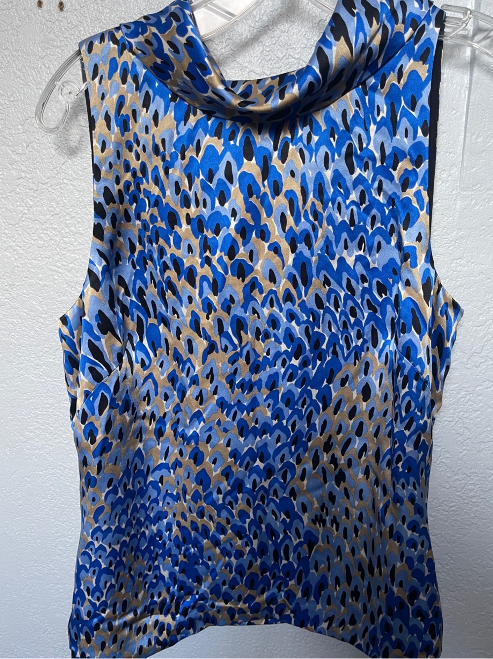 Carlisle Sleeveless Silk Blue Animal-Print Cowl Neck Top Dressy